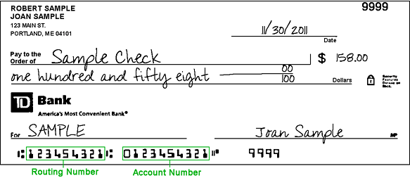 TD Bank sample check with routing ABA number