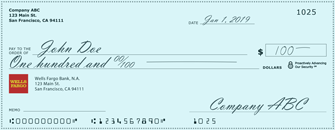Wells Fargo bank sample check with ABA routing number